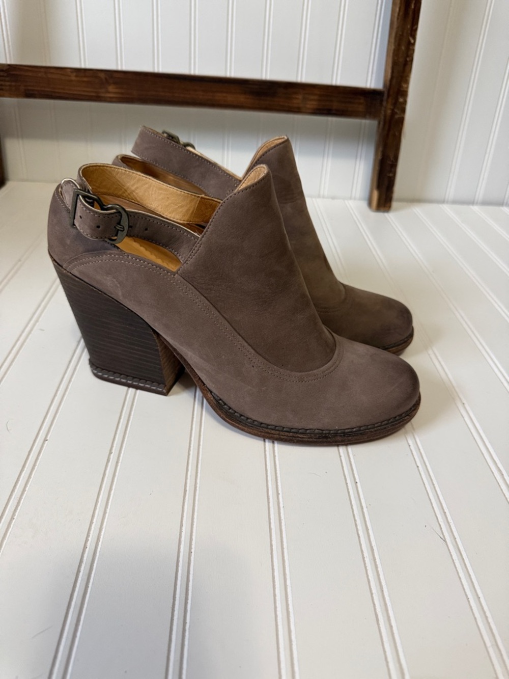 Timberland Marge Taupe Suede Block Heel Ankle Sling-Back Bootie with Buckle